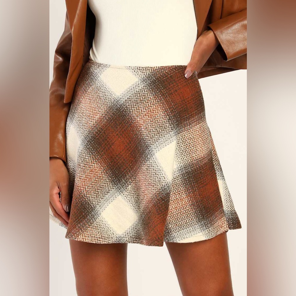 Lulus Plaid You Asked Ivory and Brown Plaid Skater Mini Skirt - Picture 7 of 12